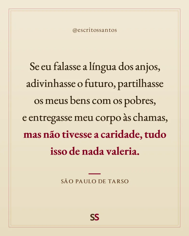 Se eu falasse a língua dos anjos, adivinhasse o futuro, partilhasse os meus bens com os pobres, 
e entregasse meu corpo às chamas, **mas não tivesse a caridade, tudo isso de nada valeria.** — São Paulo de Tarso